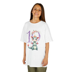 Kids 10th Birthday Dragon Tee — Cute Crowned Dragon with Floral Number 10