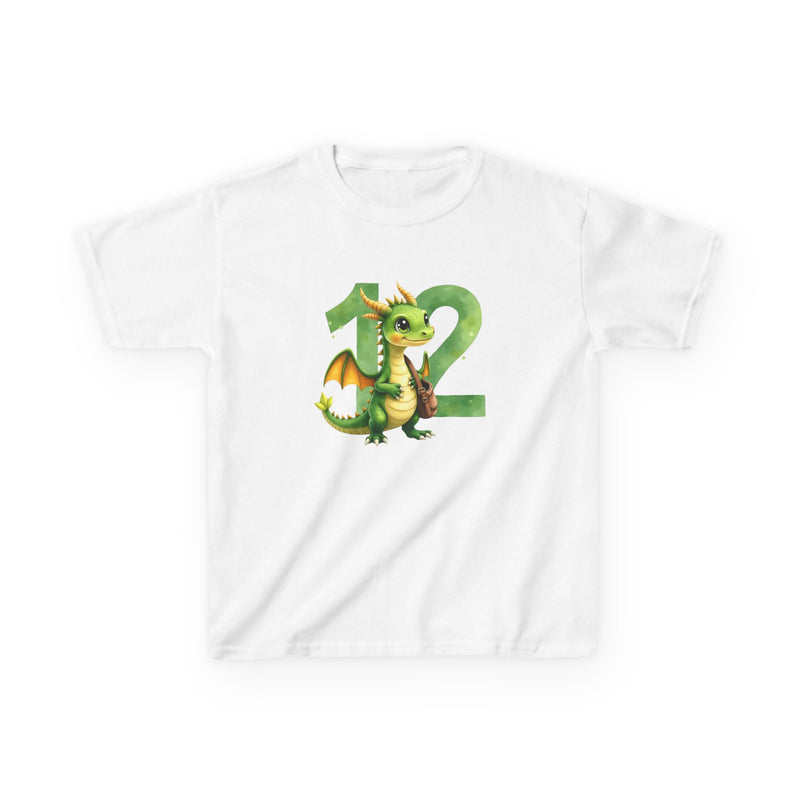 Kids 12th Birthday T‑Shirt — Cute Green Dragon with Number 12