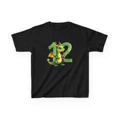 Kids 12th Birthday T‑Shirt — Cute Green Dragon with Number 12