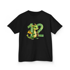 Kids 12th Birthday T‑Shirt — Cute Green Dragon with Number 12