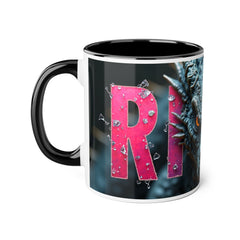 Dragon Accent Mug — Bold Fantasy Coffee Cup with 'RISE' Gothic Lettering