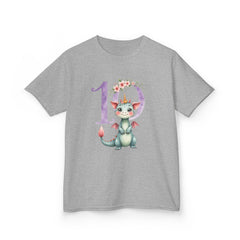 Kids 10th Birthday Dragon Tee — Cute Crowned Dragon with Floral Number 10