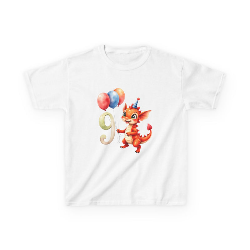 Kids 9th Birthday Dragon T-Shirt — Cute Party Dragon with Balloons