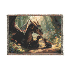 Dragon family of 3, one adult. Woven Blanket — Fantasy Forest Throw