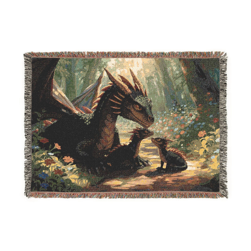 Dragon family of 3, one adult. Woven Blanket — Fantasy Forest Throw