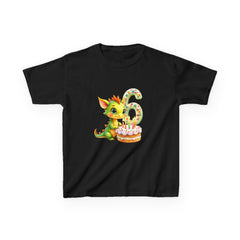 Kids 6th Birthday T-Shirt — Cute Green Dragon with Cake "6" Design