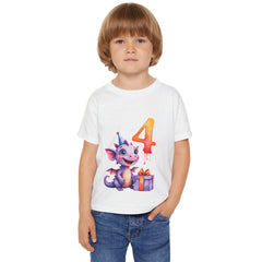 Toddler T-Shirt — Cute Purple Dragon 4th Birthday Shirt with Party Hat & Gift