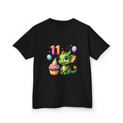 11th Birthday Dragon Kids T‑Shirt — Cute Green Dragon with Cupcake & Balloons