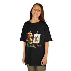 Kids Birthday T‑Shirt — Cute Dragon Painting a '10' Cake Design