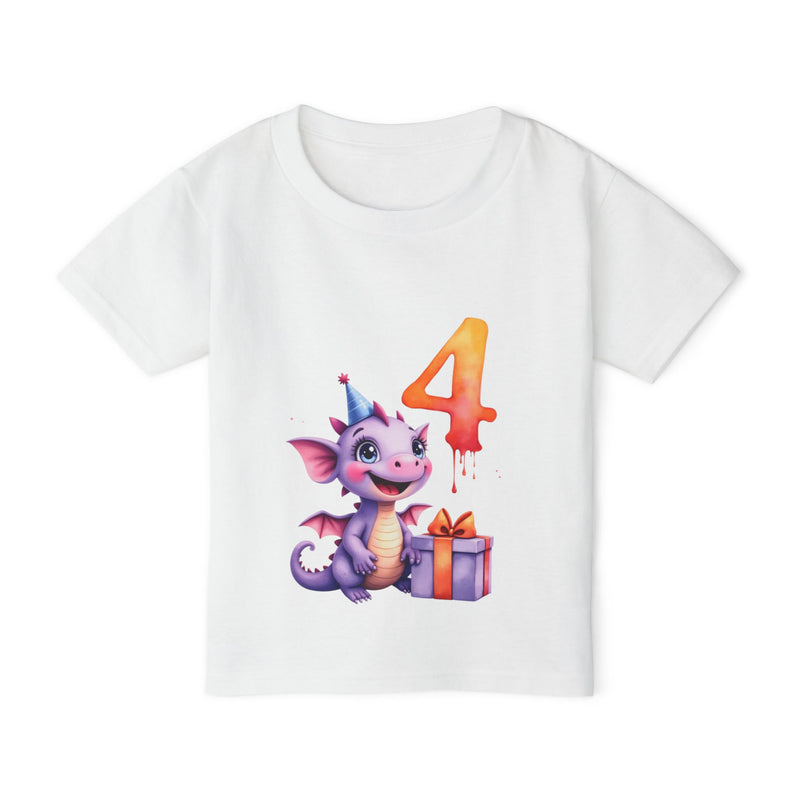 Toddler T-Shirt — Cute Purple Dragon 4th Birthday Shirt with Party Hat & Gift