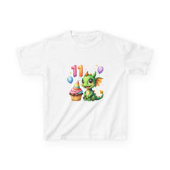 11th Birthday Dragon Kids T‑Shirt — Cute Green Dragon with Cupcake & Balloons