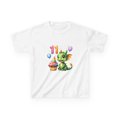 11th Birthday Dragon Kids T‑Shirt — Cute Green Dragon with Cupcake & Balloons