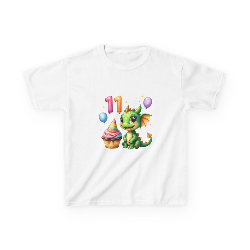 11th Birthday Dragon Kids T‑Shirt — Cute Green Dragon with Cupcake & Balloons