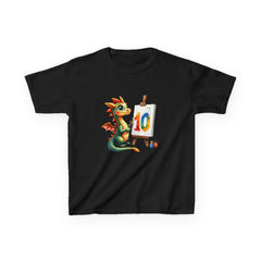 Kids Birthday T‑Shirt — Cute Dragon Painting a '10' Cake Design
