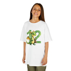 Kids 12th Birthday T‑Shirt — Cute Green Dragon with Number 12
