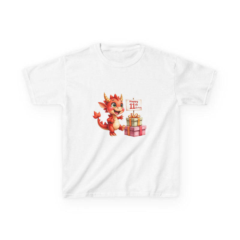 Kids Tee — Cute Red Dragon with Gifts “Happy 11th” Birthday Shirt
