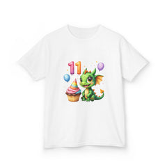 11th Birthday Dragon Kids T‑Shirt — Cute Green Dragon with Cupcake & Balloons