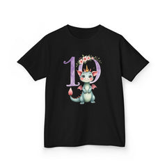 Kids 10th Birthday Dragon Tee — Cute Crowned Dragon with Floral Number 10