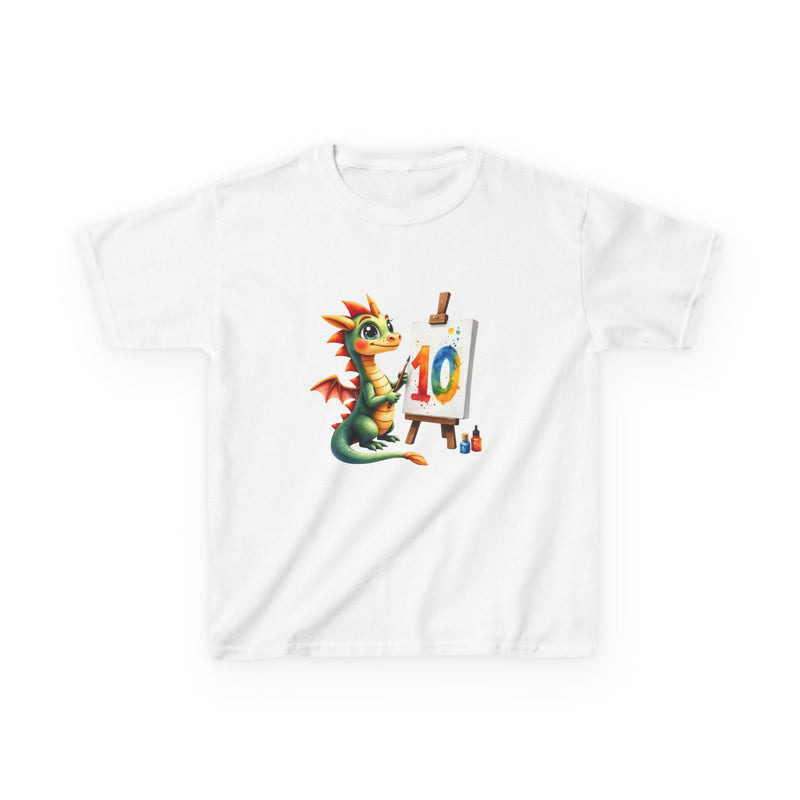 Kids Birthday T‑Shirt — Cute Dragon Painting a '10' Cake Design
