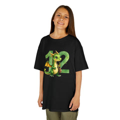 Kids 12th Birthday T‑Shirt — Cute Green Dragon with Number 12