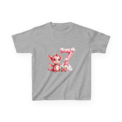 Kids 7th Birthday T‑Shirt — Cute Pink Dragon Number 7 Design