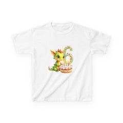 Kids 6th Birthday T-Shirt — Cute Green Dragon with Cake "6" Design