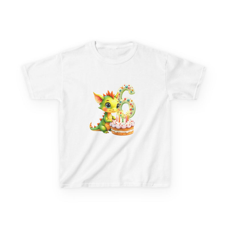 Kids 6th Birthday T-Shirt — Cute Green Dragon with Cake 