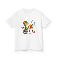 Kids Birthday T‑Shirt — Cute Dragon Painting a '10' Cake Design