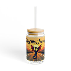 Enjoy the Journey Sipper Glass — 16oz Travel Drink Jar with Dragon Sunset Design