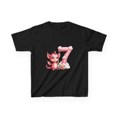 Kids 7th Birthday T‑Shirt — Cute Pink Dragon Number 7 Design