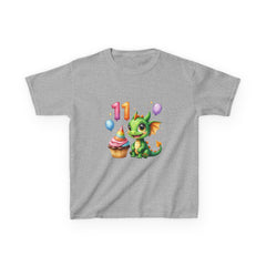11th Birthday Dragon Kids T‑Shirt — Cute Green Dragon with Cupcake & Balloons
