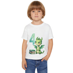4th Birthday Dragon Toddler T-Shirt — Cute Green Dragon with Books
