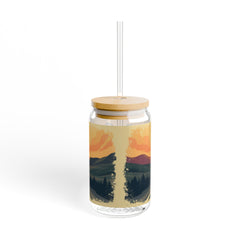 Enjoy the Journey Sipper Glass — 16oz Travel Drink Jar with Dragon Sunset Design