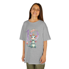 Kids 10th Birthday Dragon Tee — Cute Crowned Dragon with Floral Number 10
