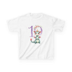 Kids 10th Birthday Dragon Tee — Cute Crowned Dragon with Floral Number 10