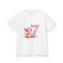 Kids 7th Birthday T‑Shirt — Cute Pink Dragon Number 7 Design