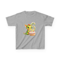 Kids 6th Birthday T-Shirt — Cute Green Dragon with Cake "6" Design