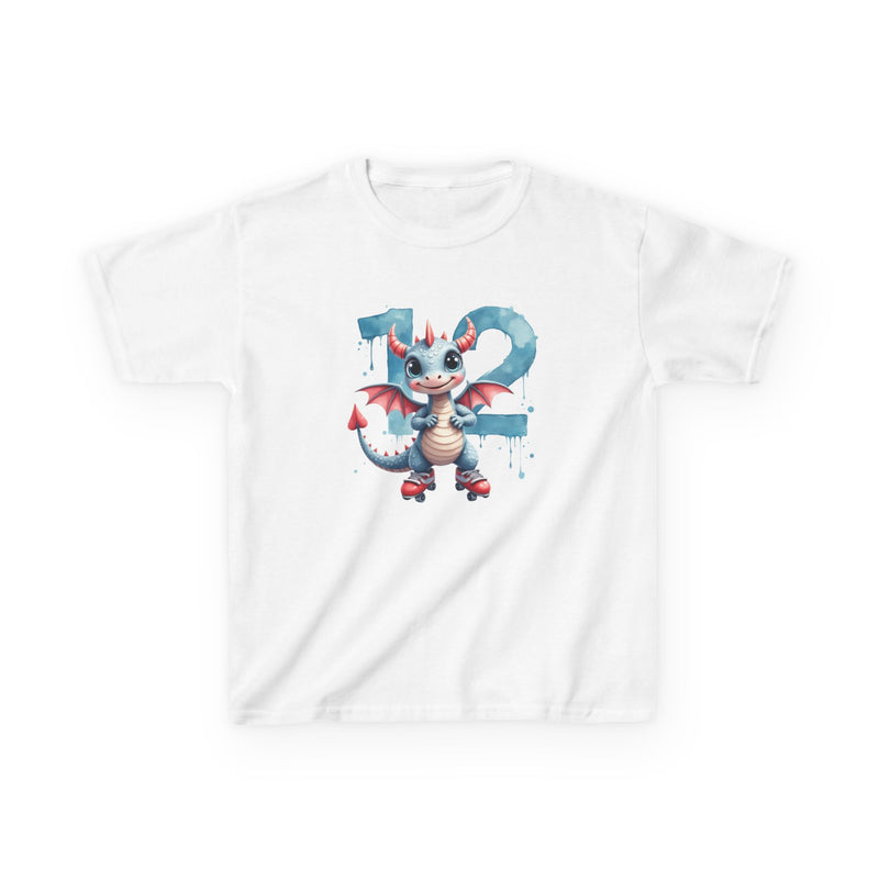 Kids 12th Birthday Dragon T-Shirt — Cute Blue Cartoon Dragon with Number 12