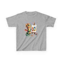Kids Birthday T‑Shirt — Cute Dragon Painting a '10' Cake Design