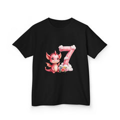 Kids 7th Birthday T‑Shirt — Cute Pink Dragon Number 7 Design
