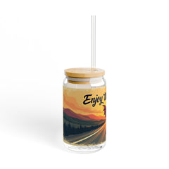 Enjoy the Journey Sipper Glass — 16oz Travel Drink Jar with Dragon Sunset Design