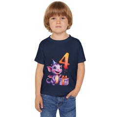 Toddler T-Shirt — Cute Purple Dragon 4th Birthday Shirt with Party Hat & Gift