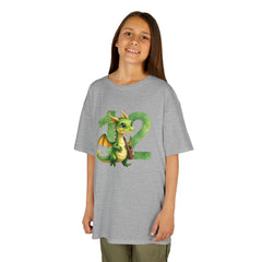 Kids 12th Birthday T‑Shirt — Cute Green Dragon with Number 12