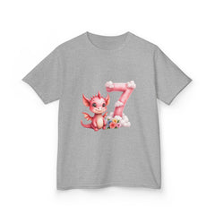 Kids 7th Birthday T‑Shirt — Cute Pink Dragon Number 7 Design