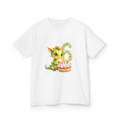 Kids 6th Birthday T-Shirt — Cute Green Dragon with Cake "6" Design
