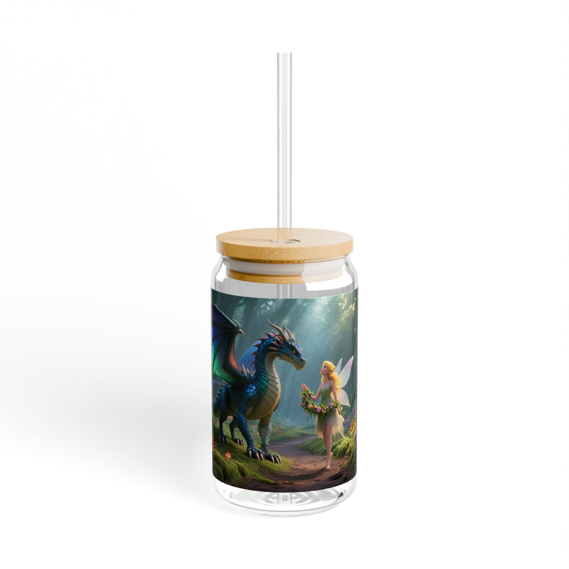 Dragon and Fairy 16oz Sipper Glass - Fantasy Woodland Drink Jar with Straw