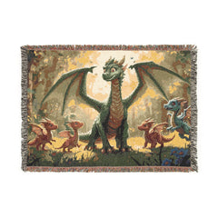 Dragon Family of 5, one adult. Woven Blanket — Fantasy Throw