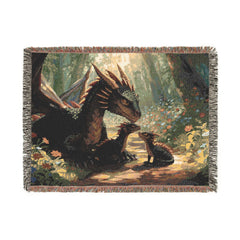 Dragon family of 3, one adult. Woven Blanket — Fantasy Forest Throw