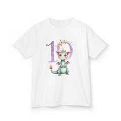 Kids 10th Birthday Dragon Tee — Cute Crowned Dragon with Floral Number 10