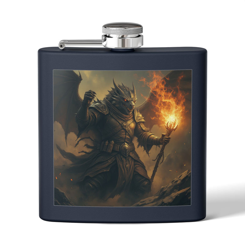 Dragon Warrior Flask — 6oz Stainless Steel Hip Flask with Fiery Knight Art